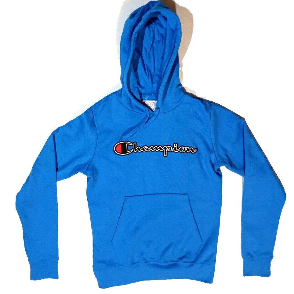 Champion Hoodie S Mens Blue Powerblend Sweatshirt Pullover Front Logo